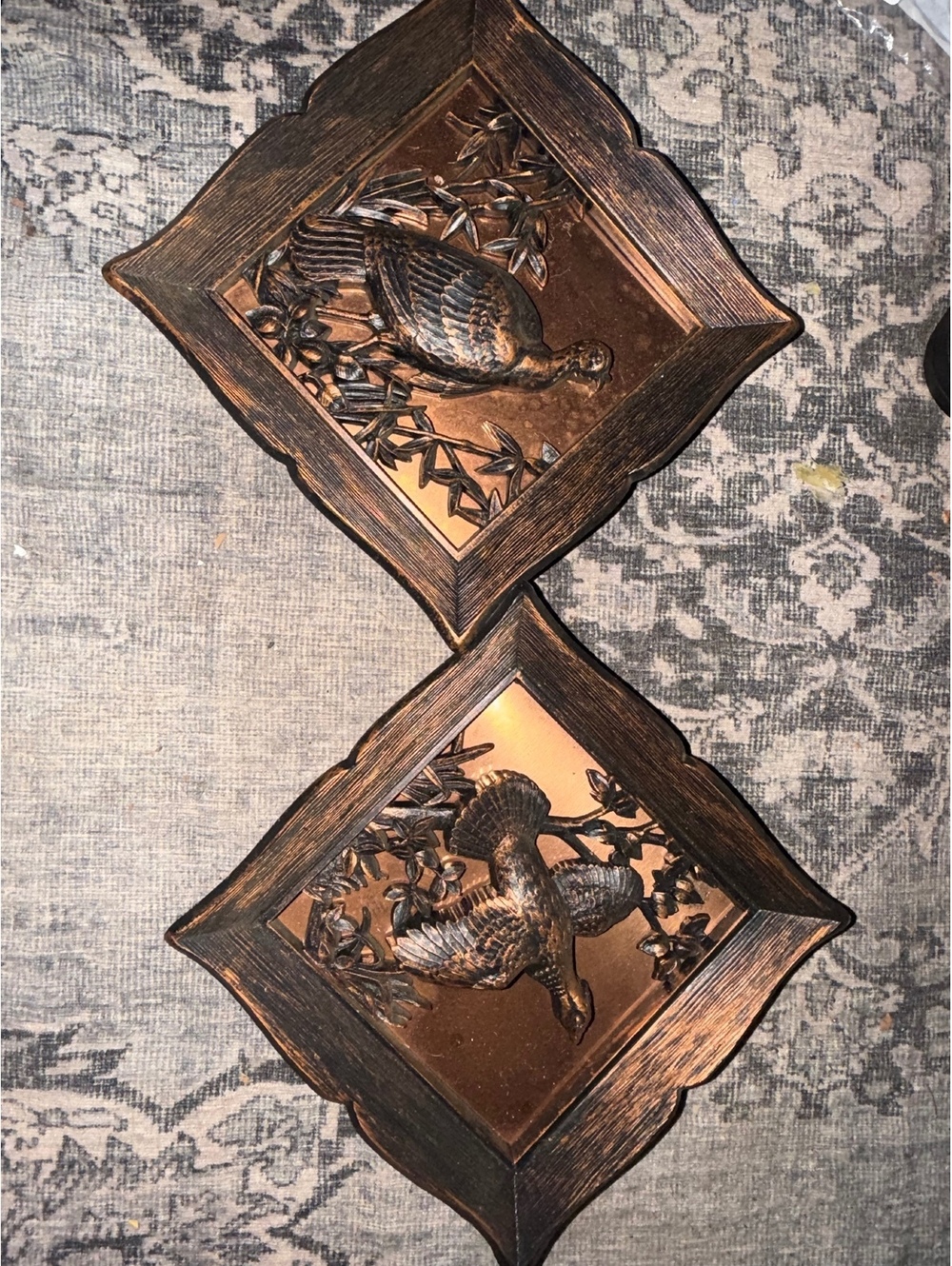 Vintage Copper and Wood Wall Art Plaques with Bird Motif - Set of 2